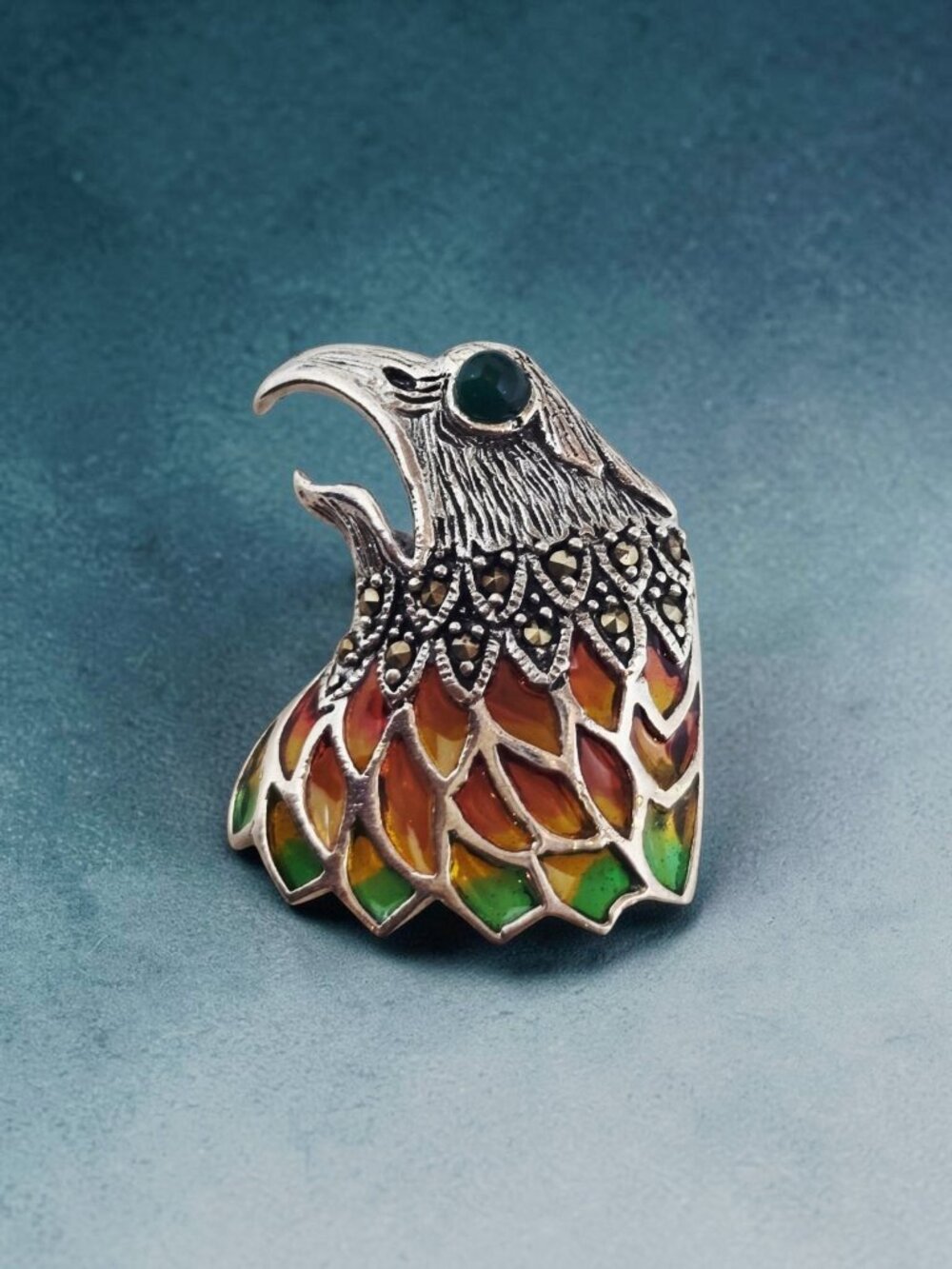 Sterling Silver 925 Eagle Pendant Brooch Marcasite Stones and Emerald Eye